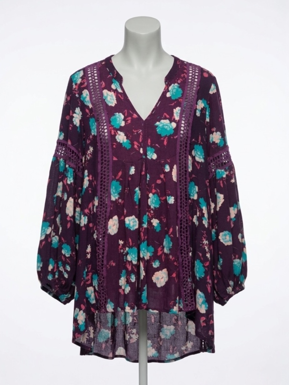 Indigo Thread Co Purple Floral Lace Trim Boho Peasant Tunic Blouse Top Size XL